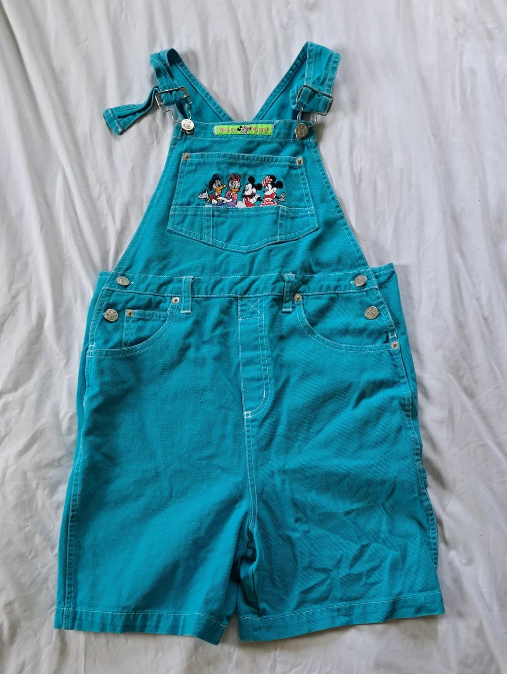 Disney By Jerry Leigh Teal Kids Short Overalls with Mickey & Friends‎ Embroidery